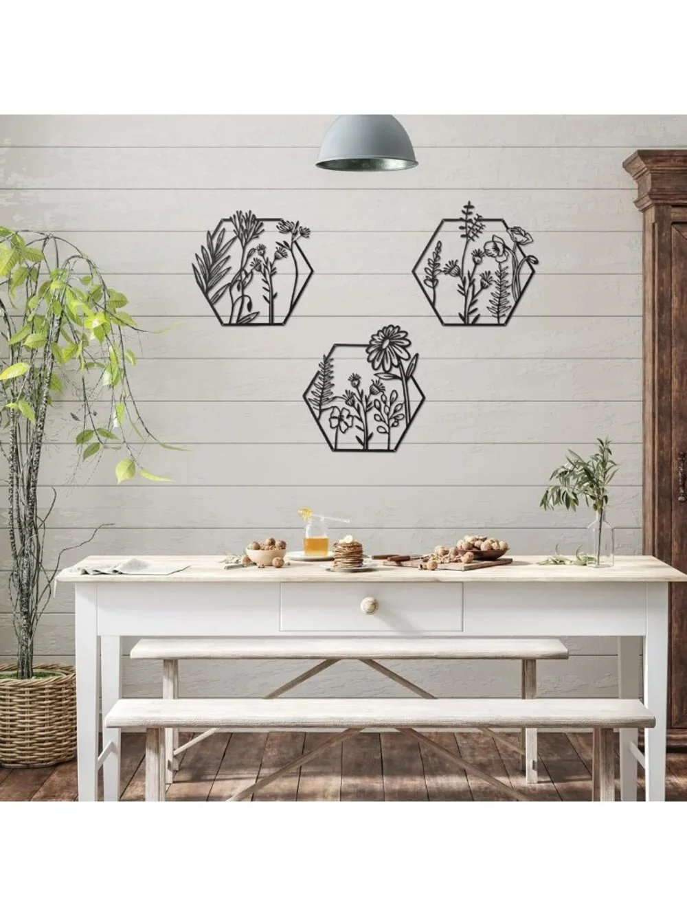 3-Piece Metal Flower Wall Decor Set - Minimalist Floral Hanging Art, Black